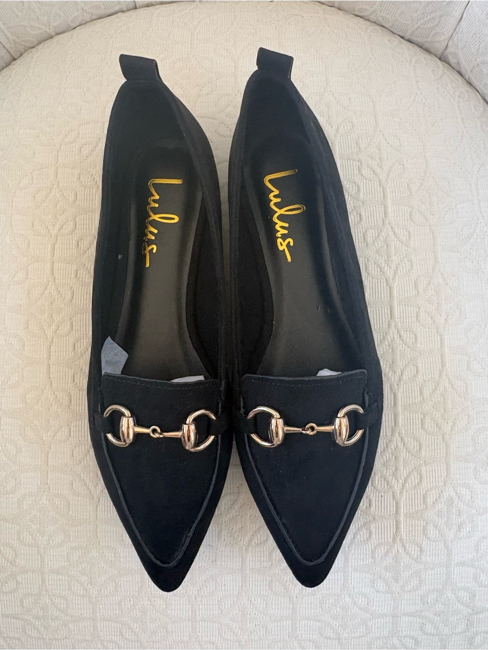 Lulu's Black Pointed Toe Loafers with Gold Horsebit